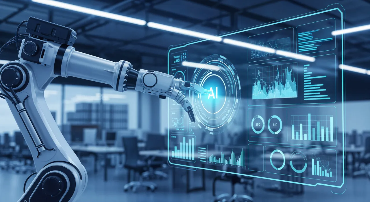 Ramię robota obsługujące cyfrowy panel z symbolem sztucznej inteligencji