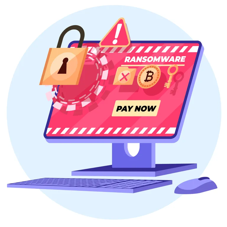 Ilustracja komputera z komunikatem ransomware żądającym okupu