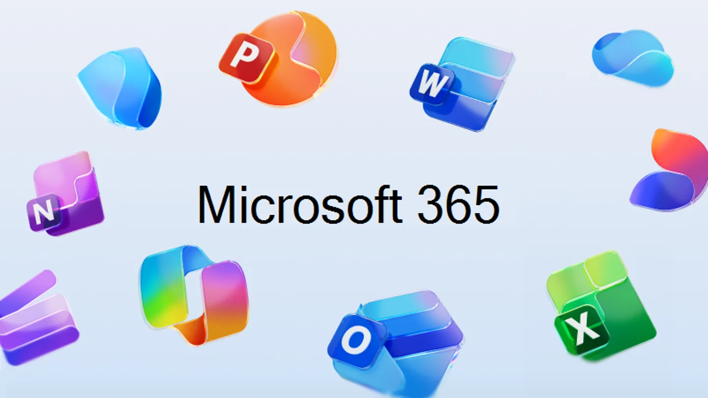 Logo Microsoft 365 otoczone ikonami aplikacji Word, Excel, PowerPoint i Outlook