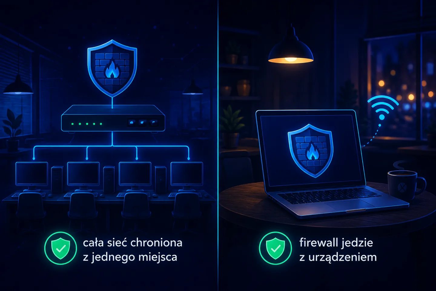 Grafika porównująca zaporę sprzętową chroniącą sieć firmową i zaporę programową na laptopie