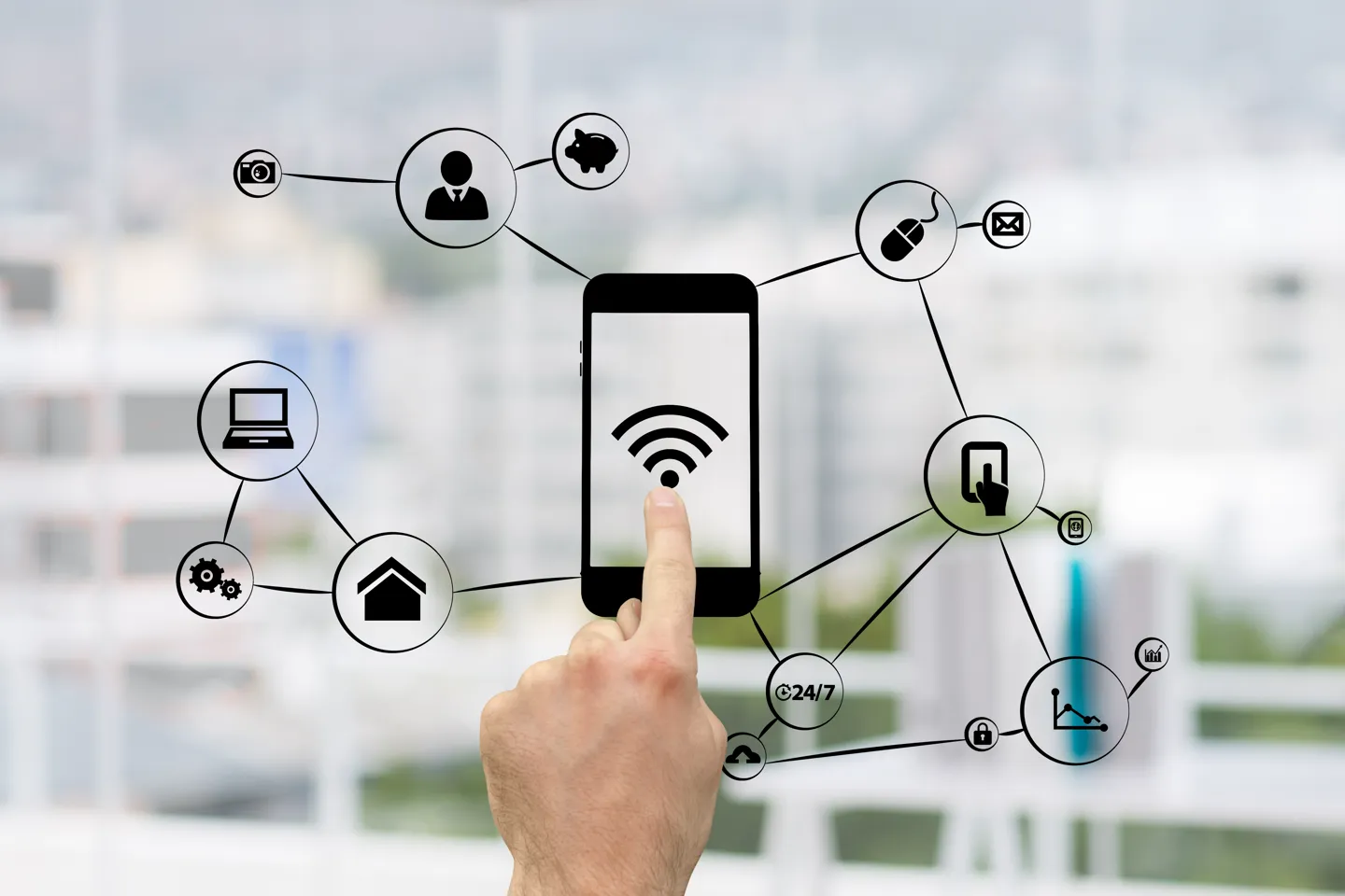 Telefon na którym wyświetla się ikonka wifi. Z telefonu wychodzą powiązania z innymi urządzeniami na wifi oraz połączenia z smart home i biznesem.