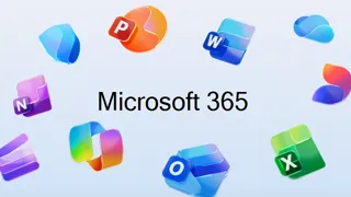 Logo Microsoft 365 otoczone ikonami aplikacji Word, Excel, PowerPoint i Outlook