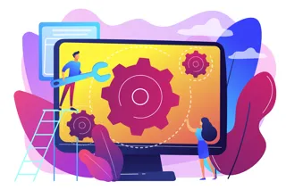Ilustracja zarządzania systemem informatycznym z kołami zębatymi i narzędziami