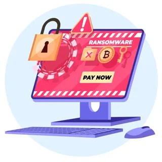 Ilustracja komputera z komunikatem ransomware żądającym okupu za odblokowanie danych